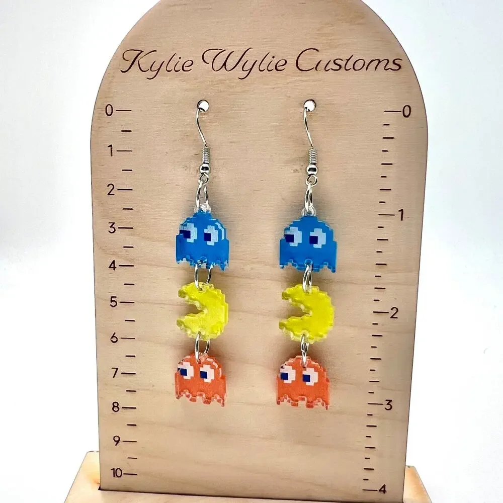 Pacman Earrings - Retro Arcade Dangle Jewelry - Fun Colorful Gamer Style - Picture 8 of 8